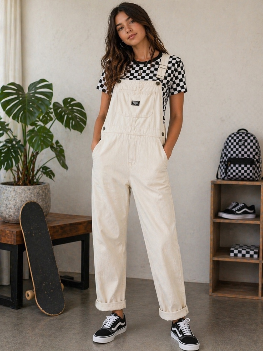 Vans Chore Overalls | Cream Cotton Utility | Adjustable Straps | XS